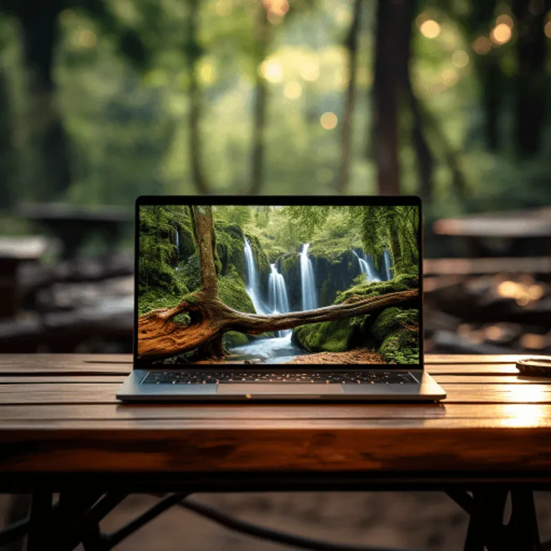 Un ordinateur ouvert affichant une cascade, posé sur une table dans une forêt