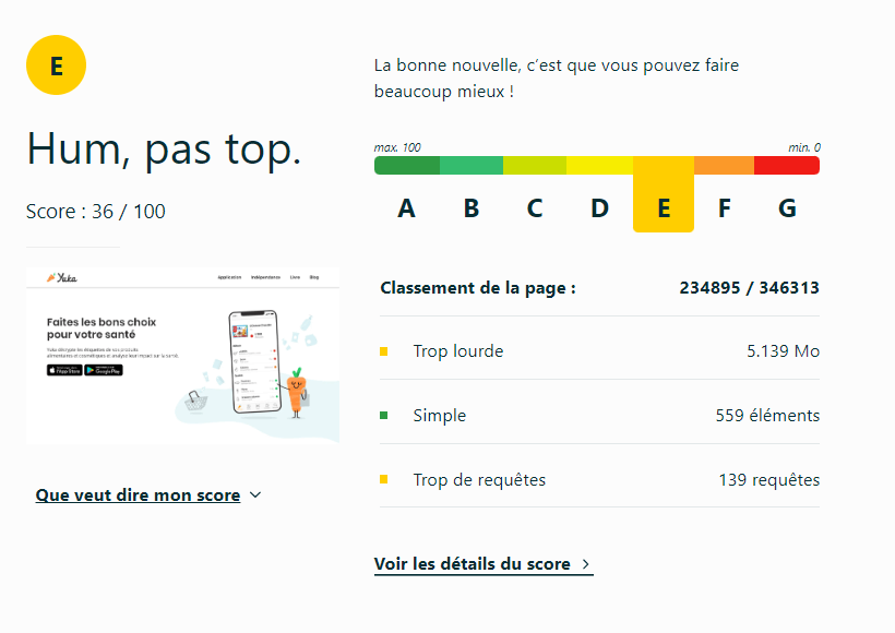 Une capture d'écran de l'outil EcoIndex analysant le site Yuka.io