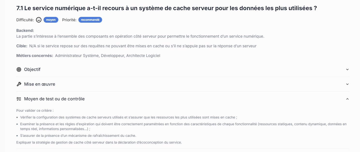 Critères d'audit d'Arriu Capture d'écran des critères d'audit d'Arriu